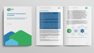 Mockup des Diskussionspapiers „Leitmärkte für klimafreundliche Grundstoffe“ – Cover und Innenseiten