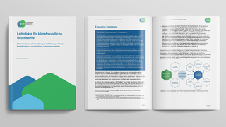 Mockup des Diskussionspapiers „Leitmärkte für klimafreundliche Grundstoffe“ – Cover und Innenseiten