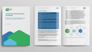 Mockup des Diskussionspapiers „Leitmärkte für klimafreundliche Grundstoffe“ – Cover und Innenseiten
