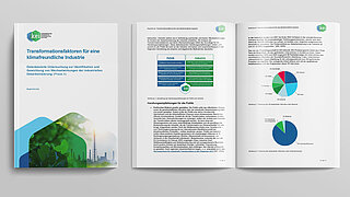 Darstellung der Titelseite und zweier Seiten der Begleitstudie "Transformationsfaktoren für eine klimafreundliche Industrie"