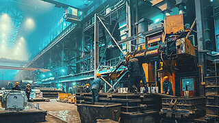 Eine industrielle Fabrik mit Arbeitern in Schutzkleidung, die an verschiedenen Maschinen und Geräten arbeiten 